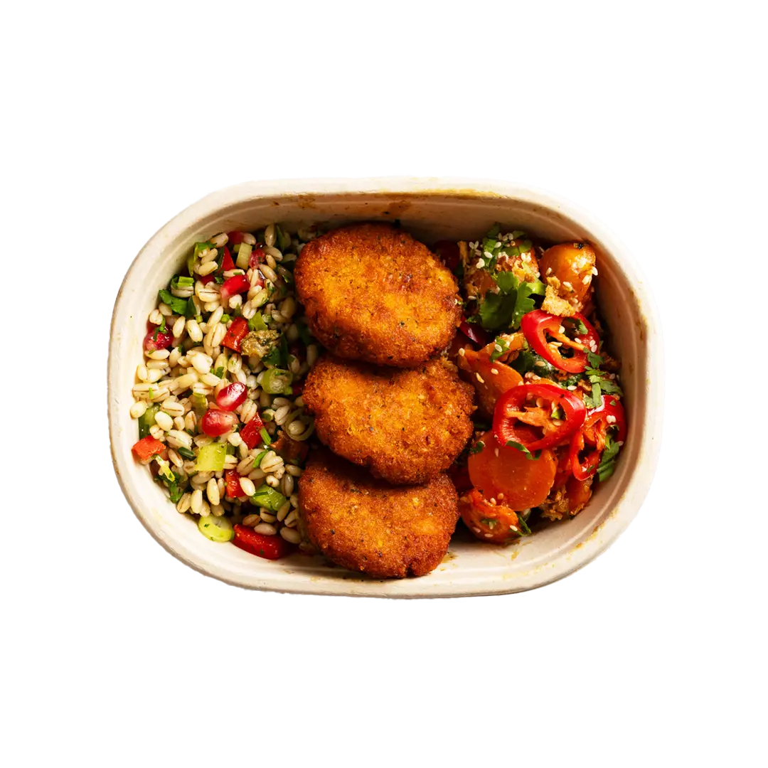 Route Catering handmade vegan kofte lunch box with sweet potato, carrot salad and barley for plant-based London office lunch delivery