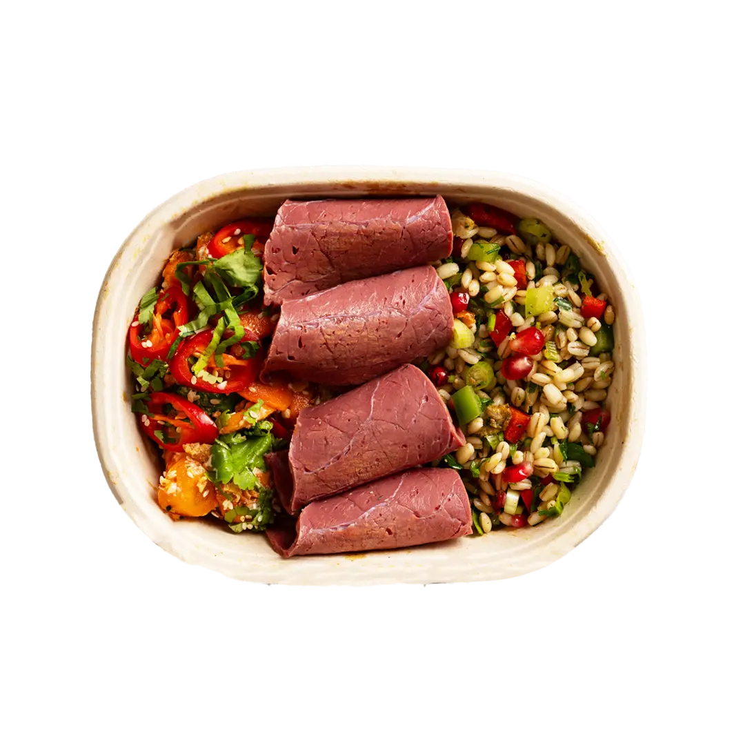 Route Catering traditional salt beef lunch box with carrot salad, barley and rainbow vegetables for protein-rich London office lunch delivery