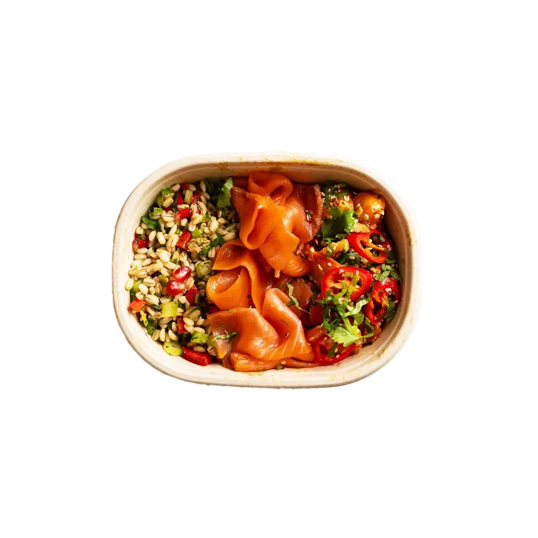 Route Catering smoked salmon lunch box with carrot salad, barley and rainbow vegetables for pescatarian London office lunch delivery