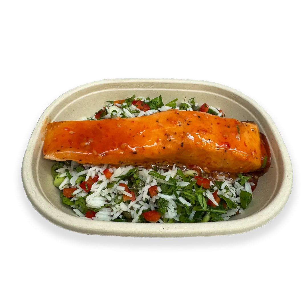 Sweet chilli glazed Salmon with mediterranean Rice Salad