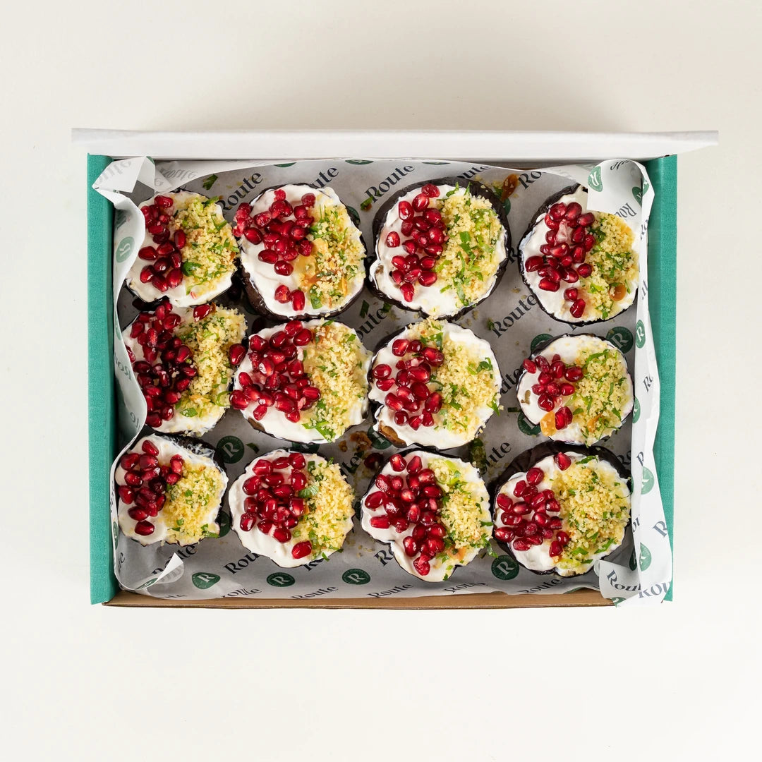 Aubergine Salad in a Route Catering delivery box from above