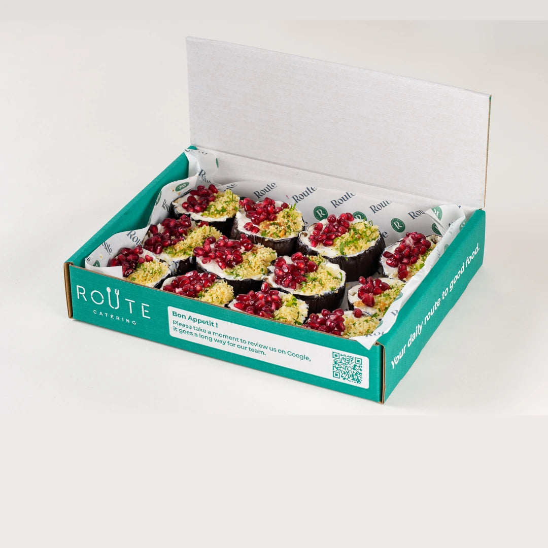 Aubergine Salad delivery box opened - Route Catering