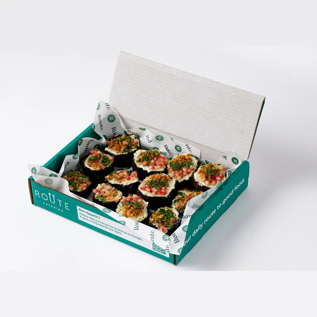 Aubergine salad in Route Catering delivery box, serves 6, London
