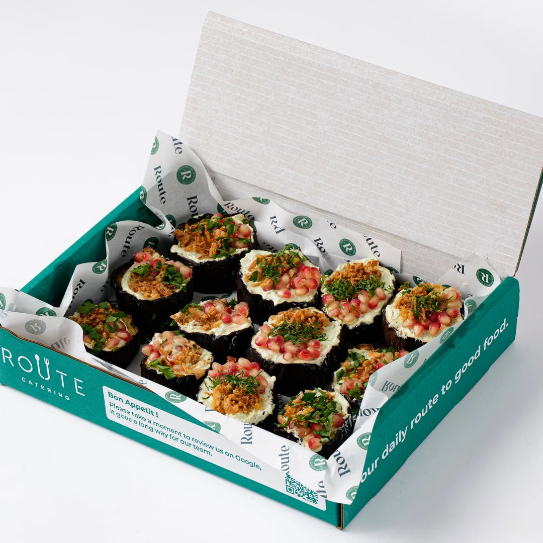 Aubergine salad with feta yogurt, serves 6, Mediterranean catering London, Route Catering (3)