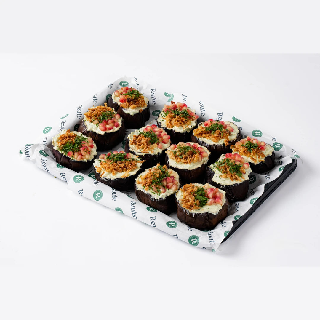 Aubergine salad with feta yogurt, serves 6, Mediterranean catering London, Route Catering