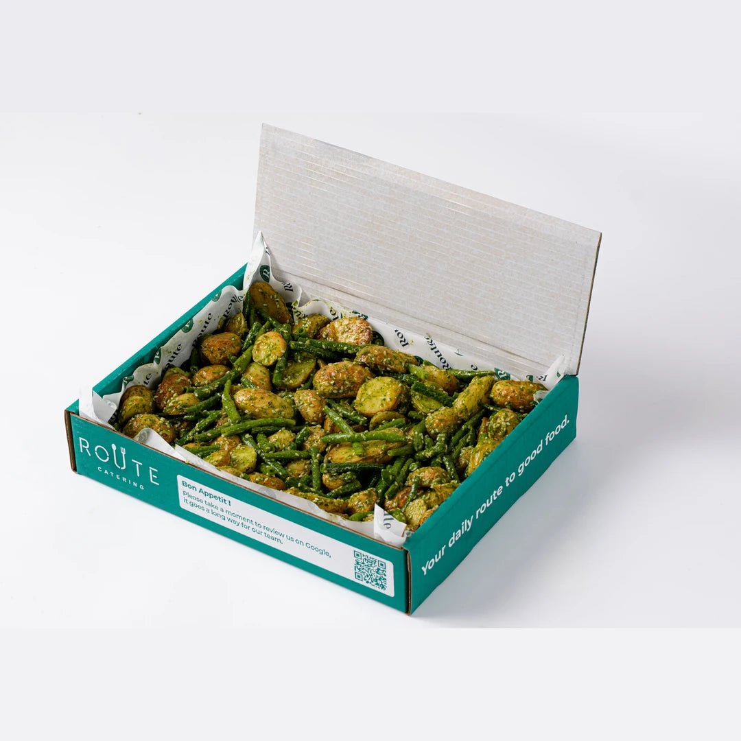 Baby potato and green beans salad in Route Catering delivery box, serves 6