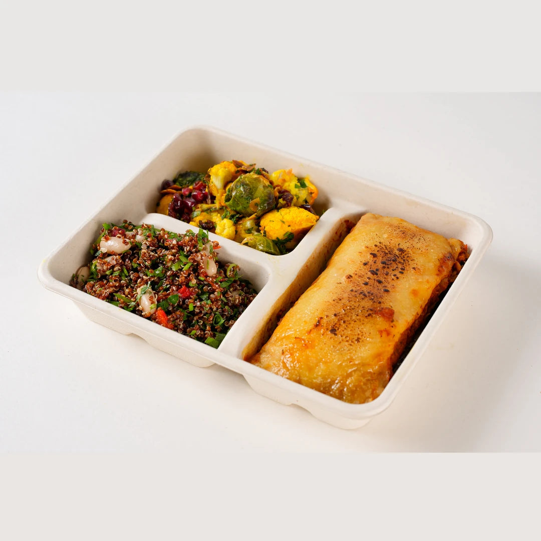 Beef Lasagne Bechamel Lunchbox, angled view of the three-compartment box - Route Catering