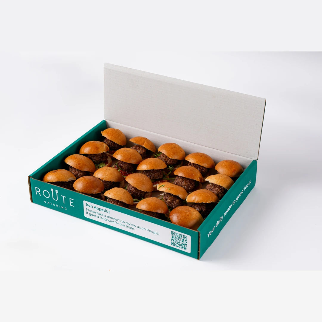Beef sliders in Route Catering delivery box, 20 per platter, London