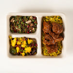Birria Beef Lunchbox with lemon and herb brown rice, cauliflower and Brussels sprout salad and red quinoa salad - Route Catering