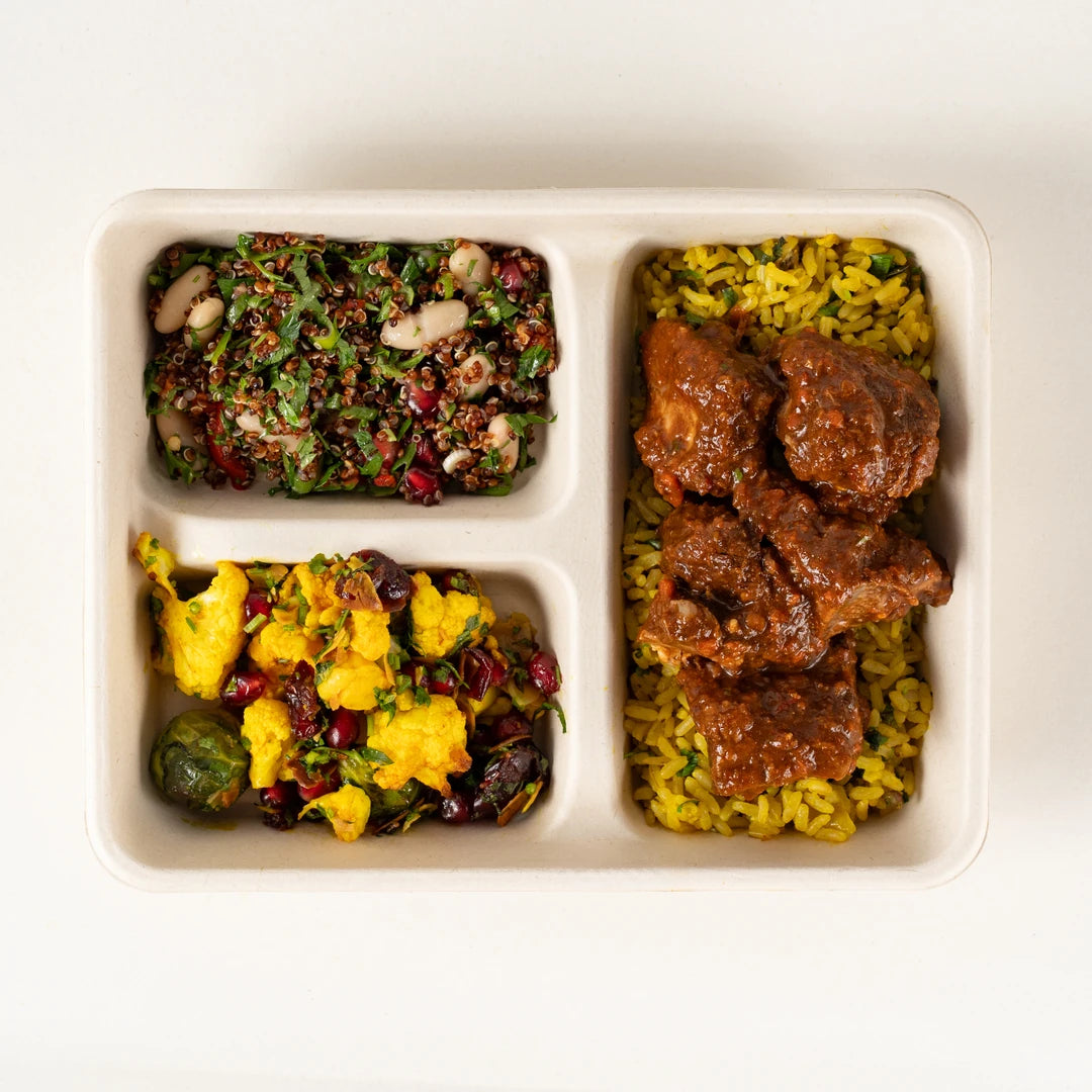 Birria Beef Lunchbox with lemon and herb brown rice, cauliflower and Brussels sprout salad and red quinoa salad - Route Catering