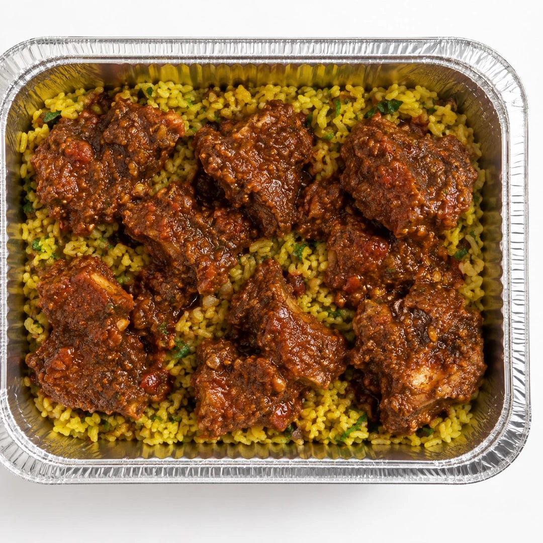 Slow Cooked Birria Beef with Herb Brown Rice platter, serves 6, in a foil tray - Route Catering