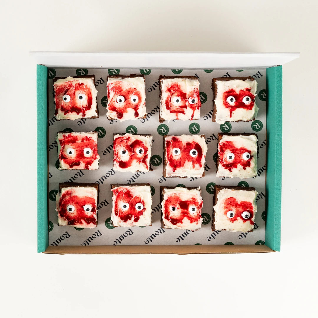 Bloodshot Brownie platter in a Route Catering delivery box from above