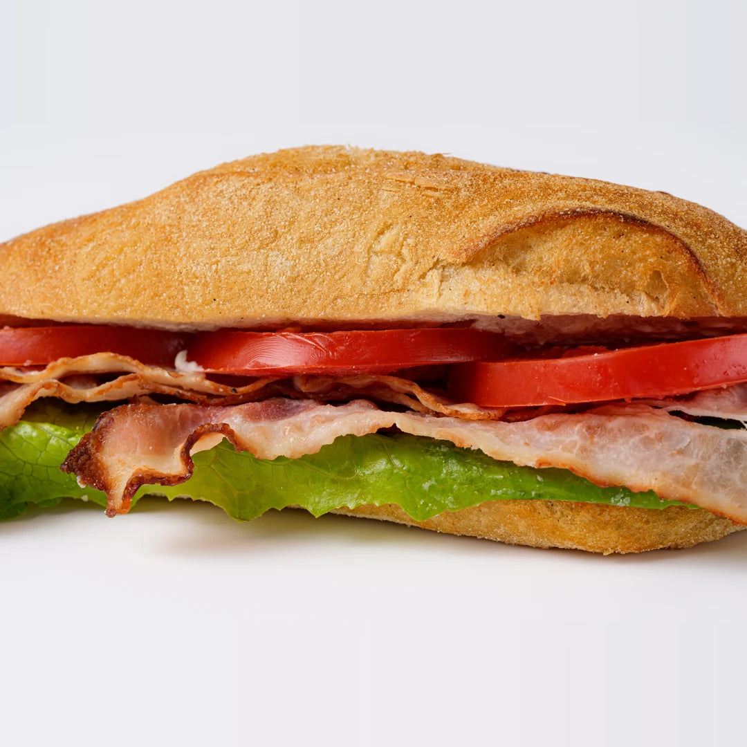 Close up of BLT baguette, office lunch catering London, Route Catering
