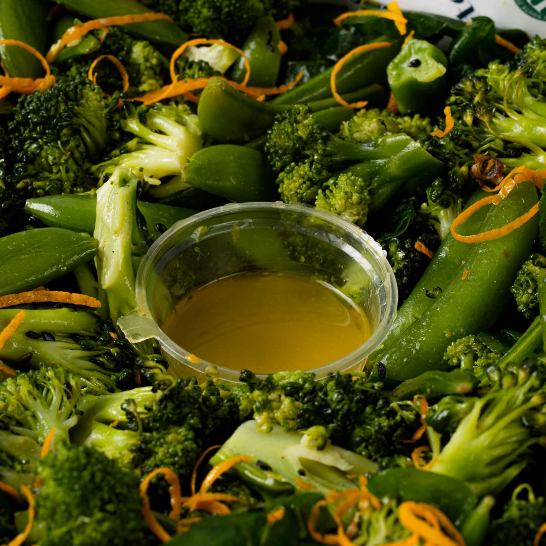 Broccoli, sugar snap peas and orange zest, healthy office catering London