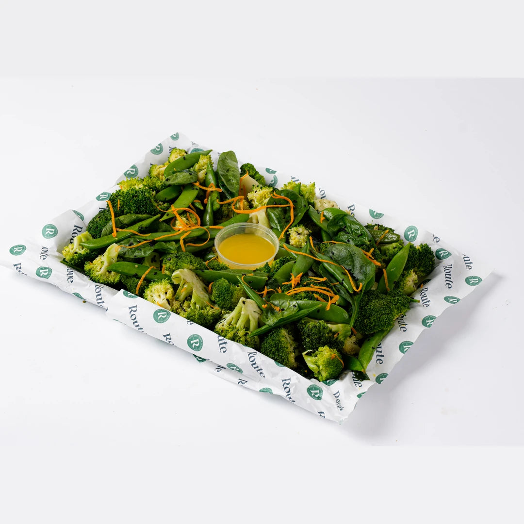 Broccoli and sugar snap salad platter, serves 6, catering London, Route Catering