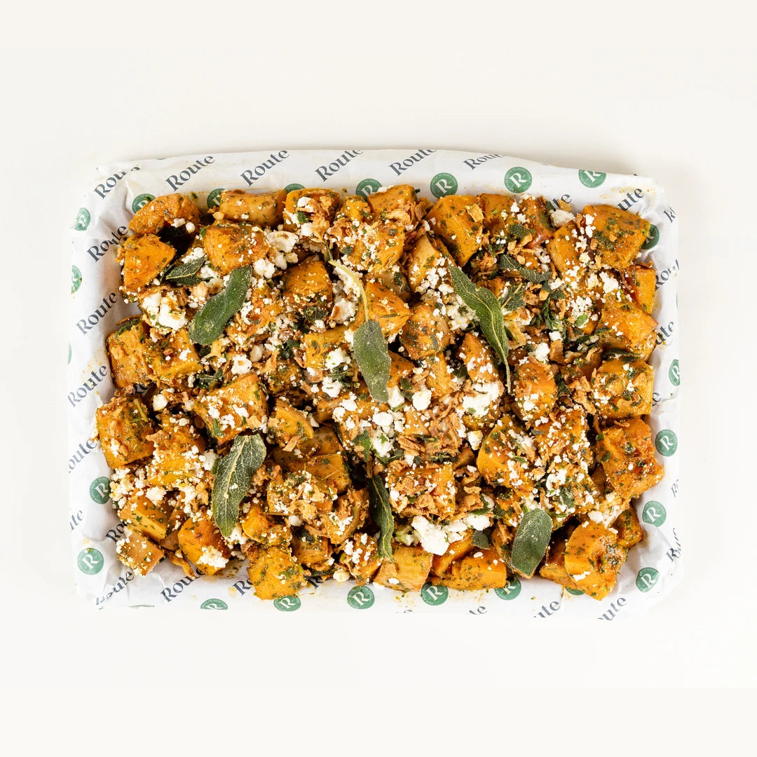 Butternut Squash Salad platter for six from above with feta, sage and seeds on Route Catering paper
