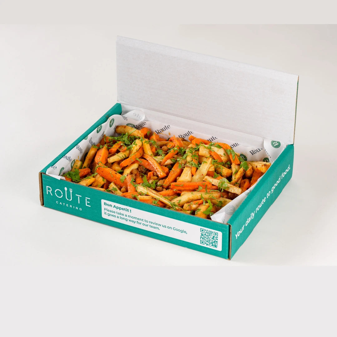 Carrot and Parsnip Salad delivery box opened - Route Catering