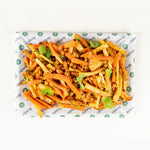 Carrot and Parsnip Salad platter for six from above with roasted chickpeas and coriander on Route Catering paper