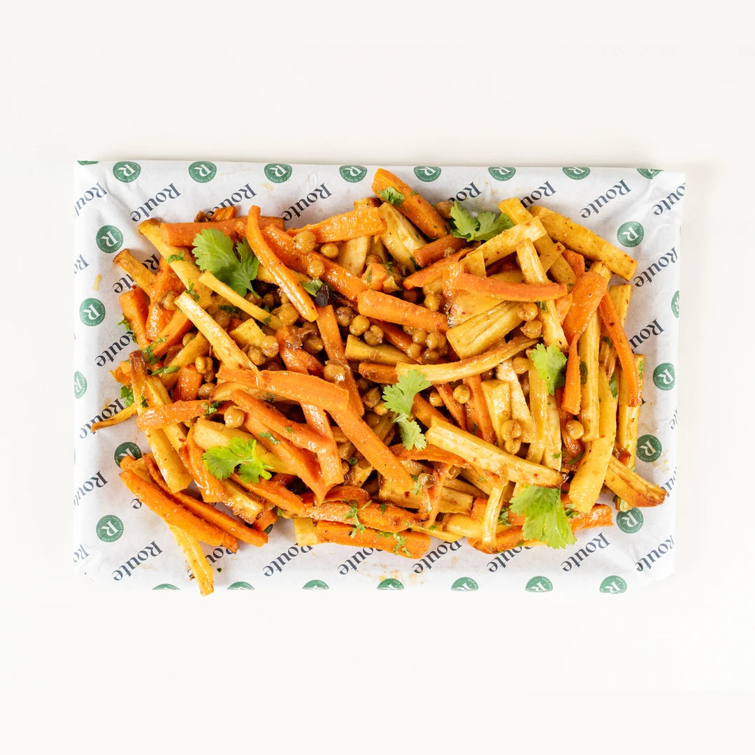 Carrot and Parsnip Salad platter for six from above with roasted chickpeas and coriander on Route Catering paper
