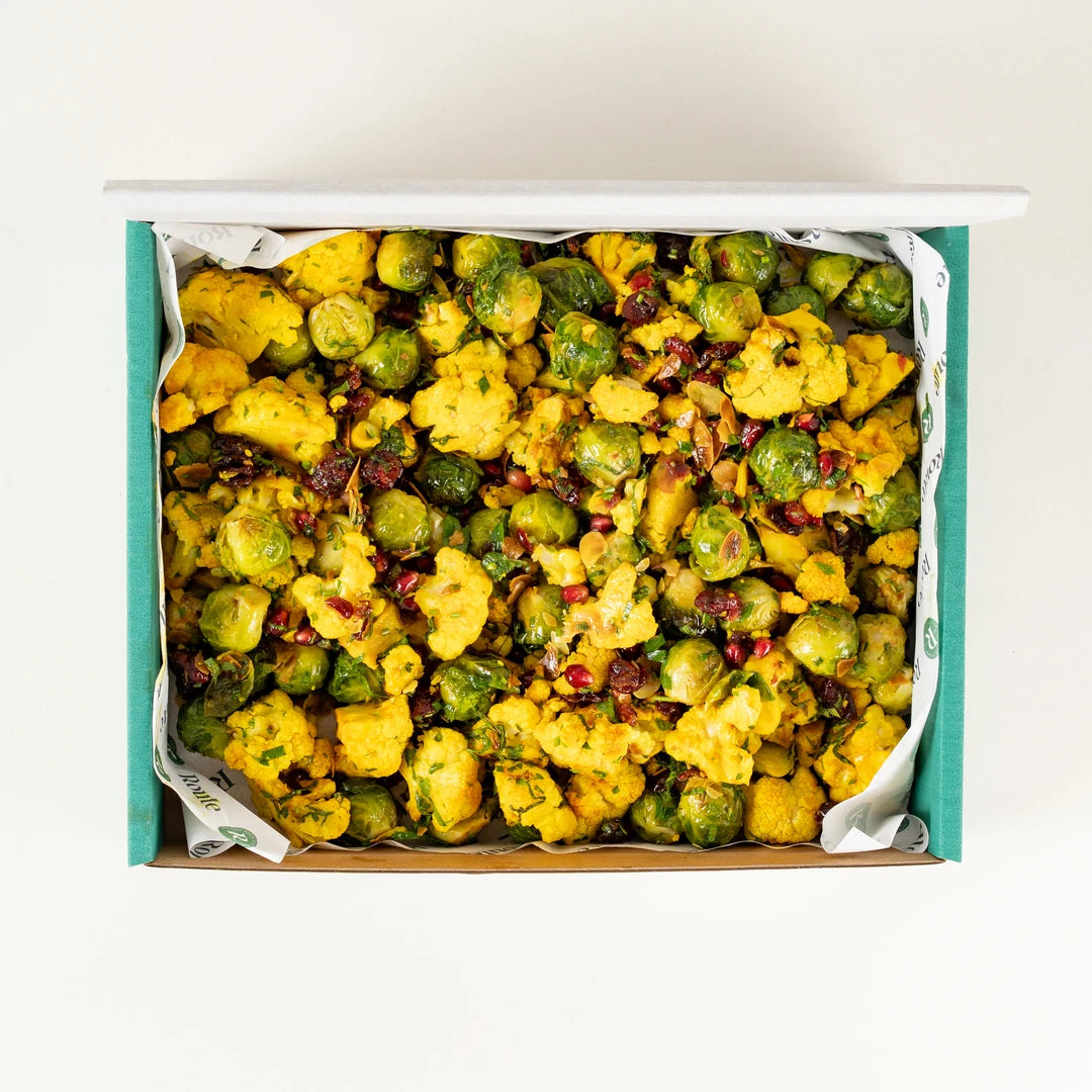 Cauliflower and Brussels Sprouts Salad in a Route Catering delivery box from above