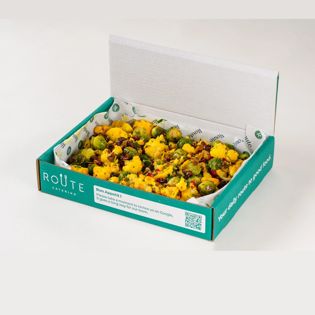 Cauliflower and Brussels Sprouts Salad delivery box opened - Route Catering
