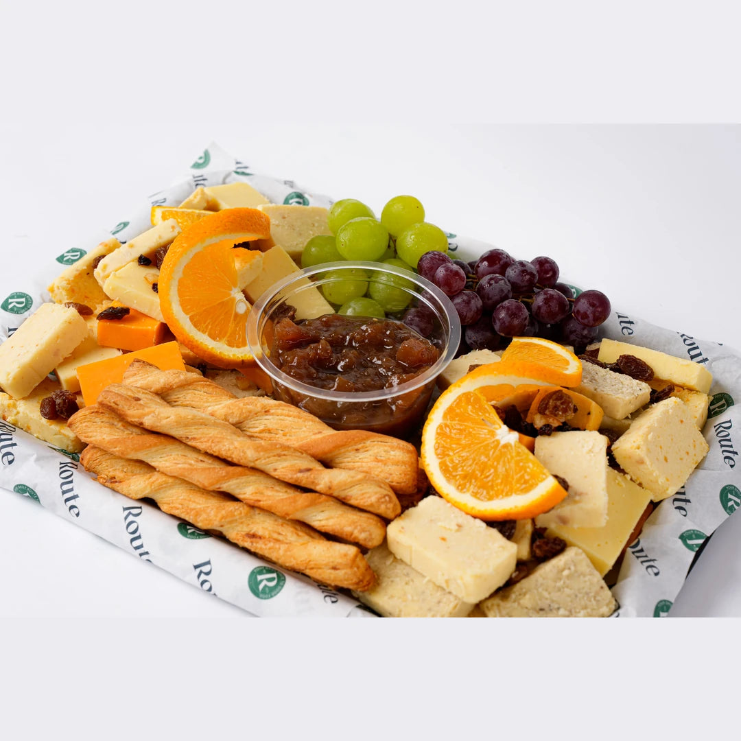 Cheese platter with grapes, crackers and chutney, Route Catering London