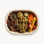 Chicken Lunch Box with salsa verde chicken, red quinoa salad and carrot and parsnip salad from above - Route Catering