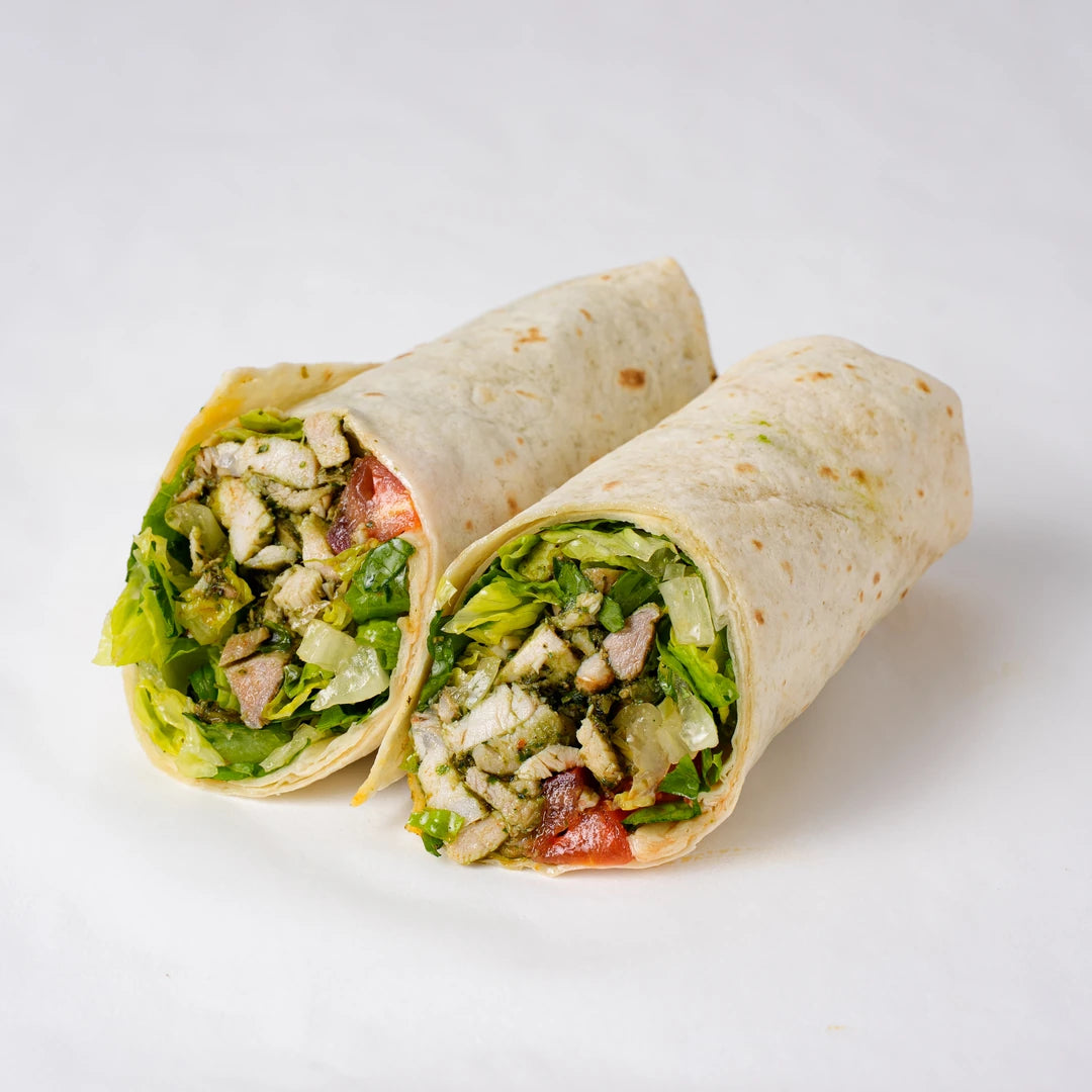 Close up of chicken salsa verde tortilla wrap, Route Catering London