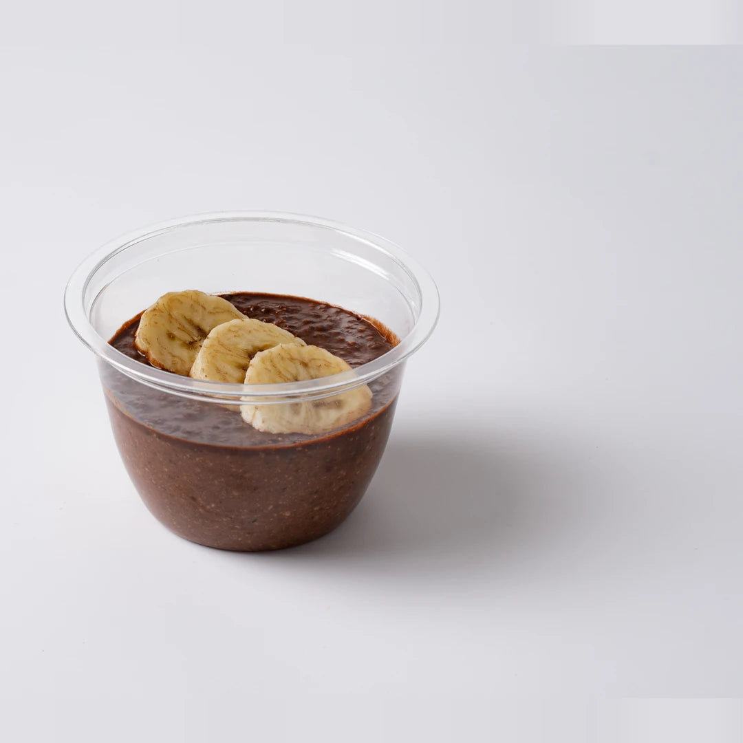 Chocolate and banana chia pot for office breakfast delivery, Route Catering London