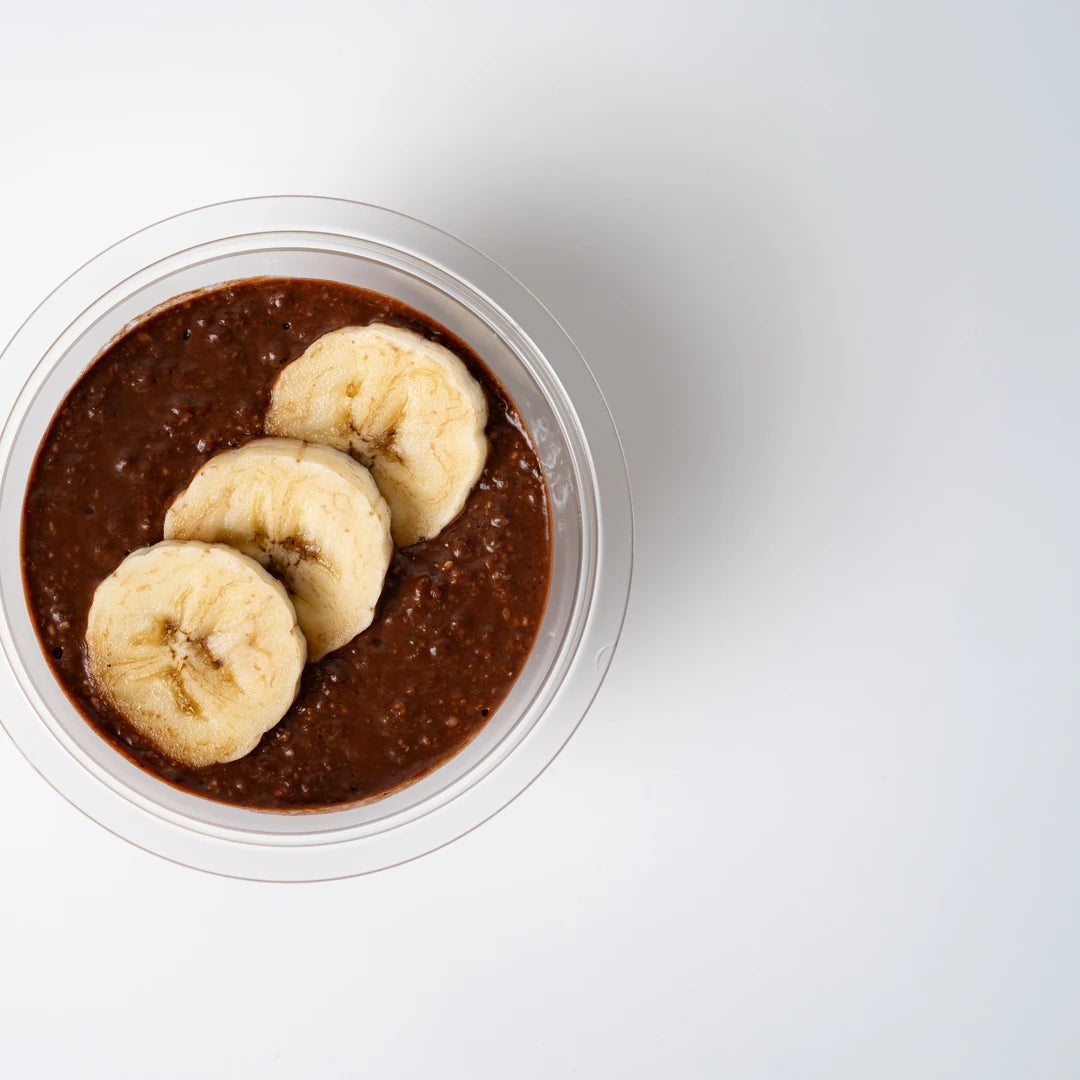Chocolate and banana chia pot, healthy breakfast catering London, Route Catering
