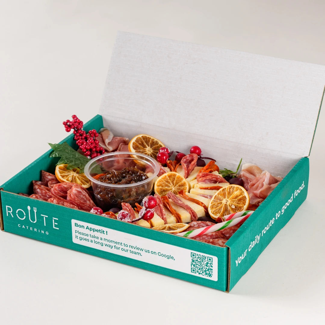Christmas Charcuterie Platter in a Route Catering delivery box