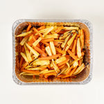 Christmas Dinner Platter roasted carrots and parsnips in a foil tray - Route Catering