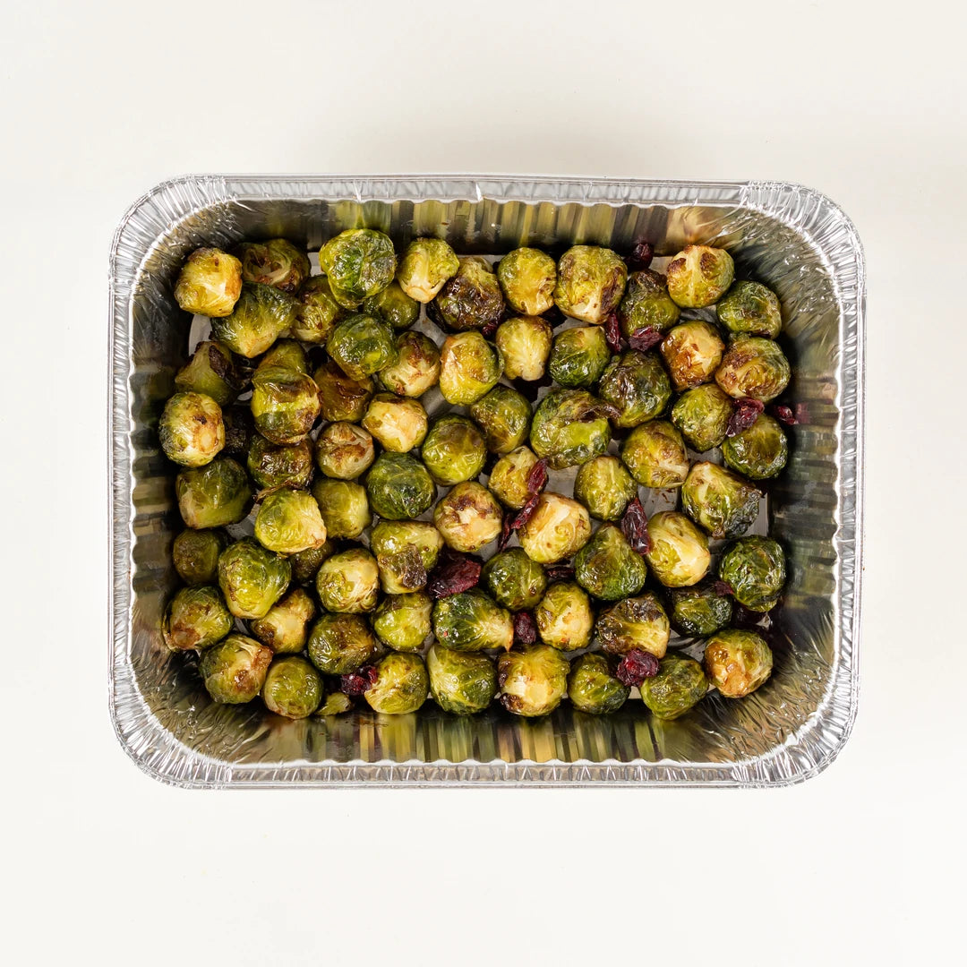 Christmas Dinner Platter roasted Brussels sprouts in a foil tray - Route Catering