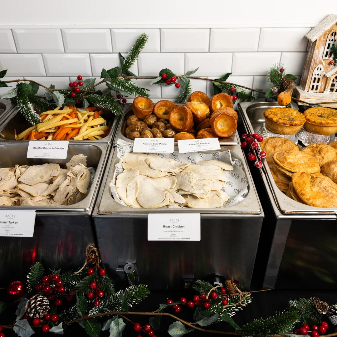 Christmas dinner pop-up chafing dishes of roast potatoes, turkey and Yorkshire puddings
