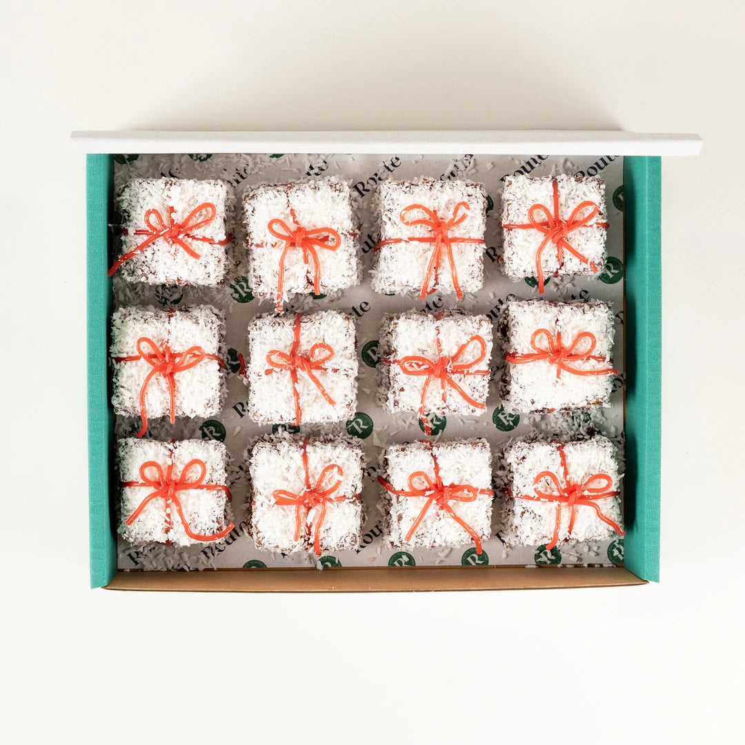 Christmas Snow Square Cakes in a Route Catering delivery box from above
