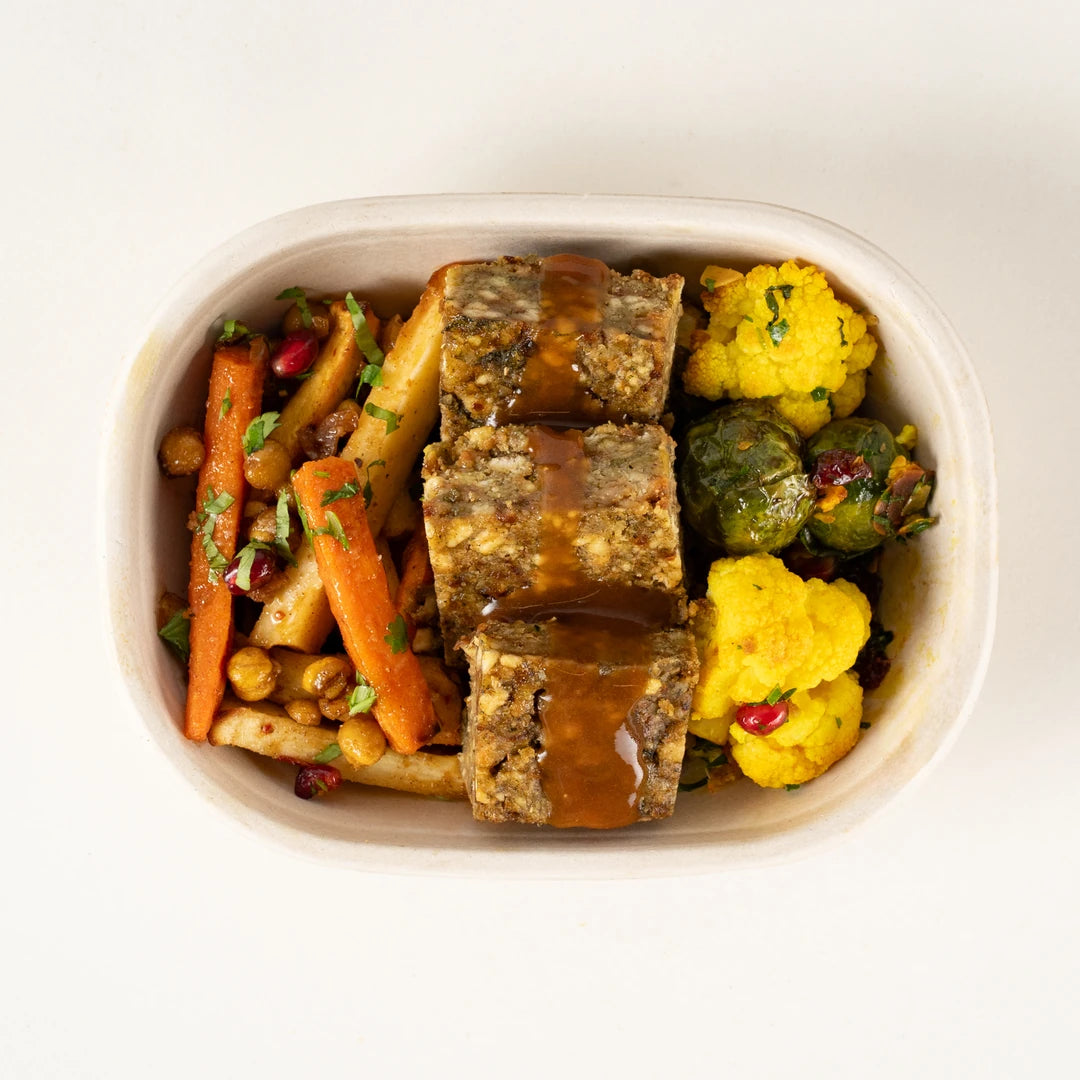 Xmas Veggie Lunchbox from above with stuffing, sprouts, cauliflower and pomegranate - Route Catering