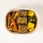Xmas Veggie Lunchbox from above, sage and onion stuffing on Brussels sprout and cauliflower salad and carrot and parsnip salad - Route Catering
