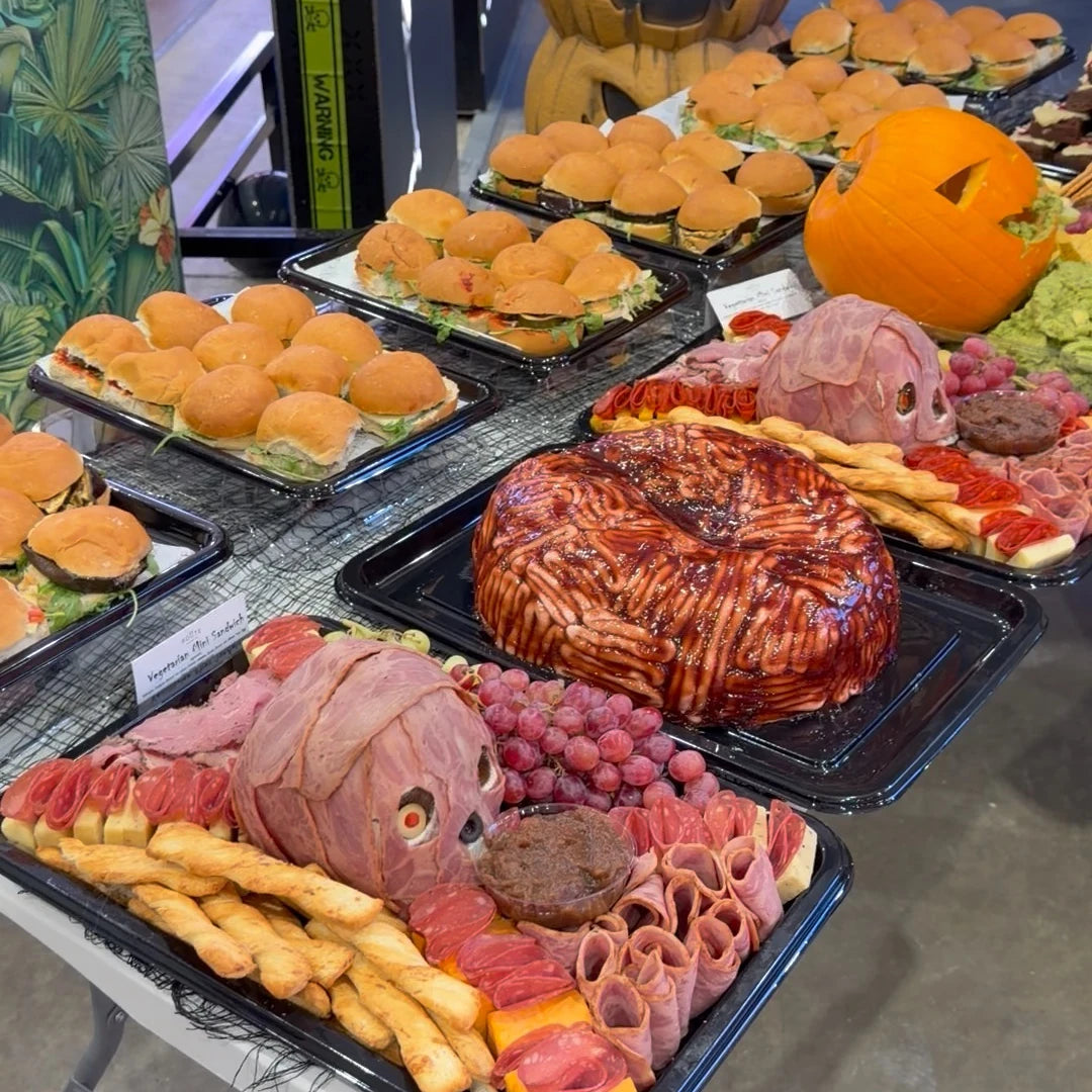 Halloween graze table with Flesh Board, mini sandwiches and Brain Cake showstopper
