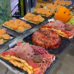Halloween graze table with Flesh Board, mini sandwiches and Brain Cake showstopper
