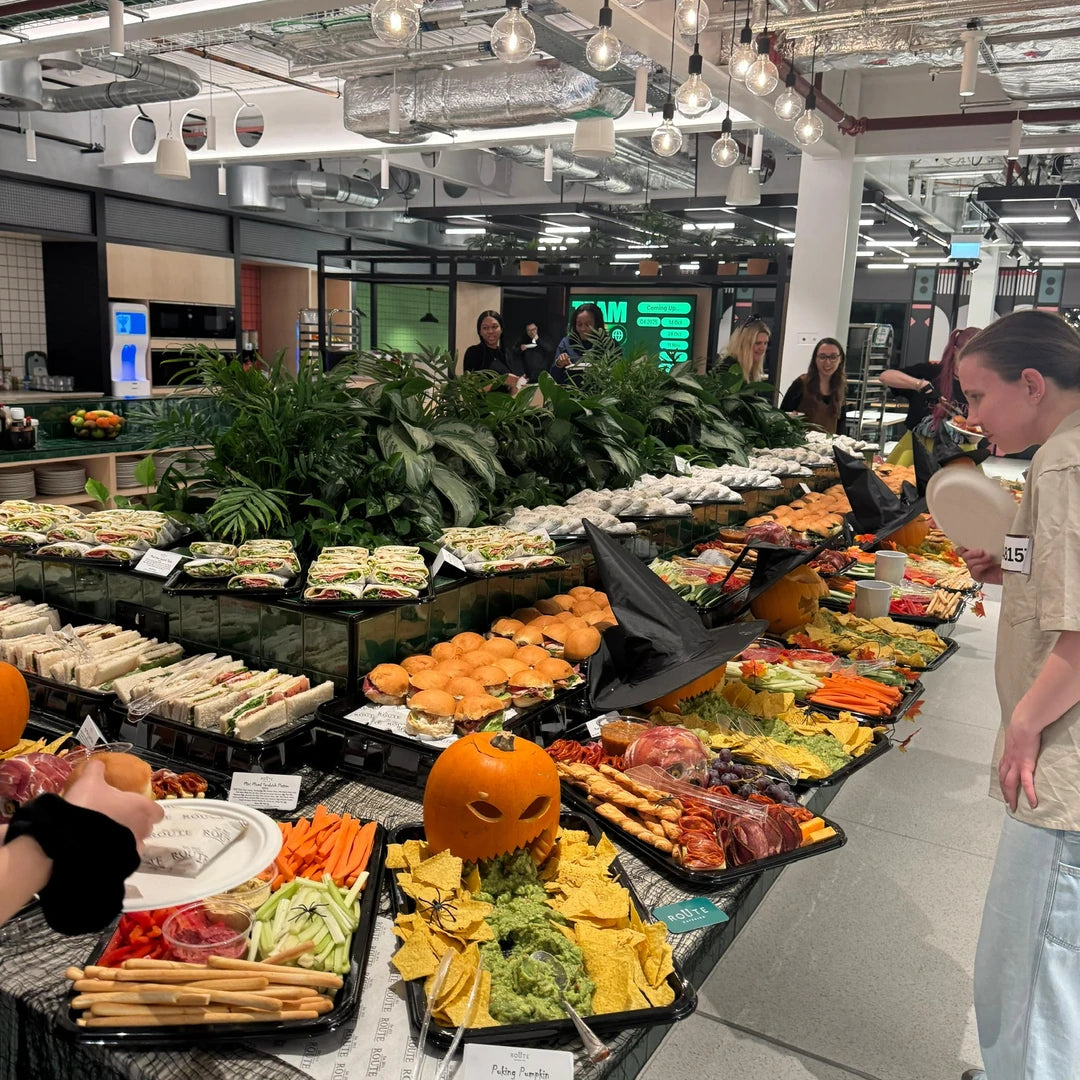 Halloween graze table set up in a London office by Route Catering, full spread from above