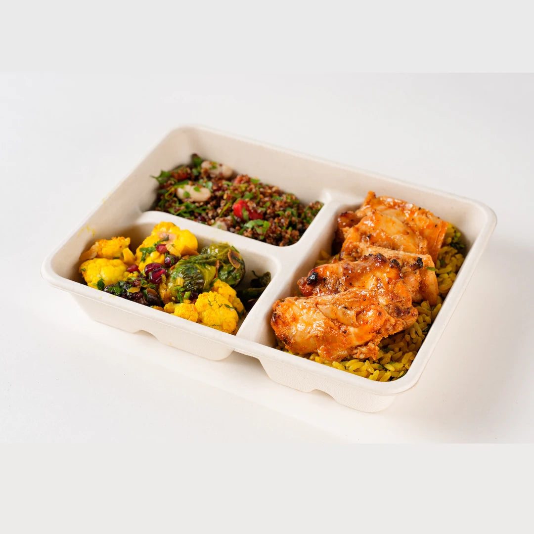 Harissa Chicken Lunchbox, angled view of the three-compartment box - Route Catering