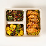 Harissa Chicken Lunchbox with lemon and herb brown rice, cauliflower and Brussels sprout salad and red quinoa salad - Route Catering
