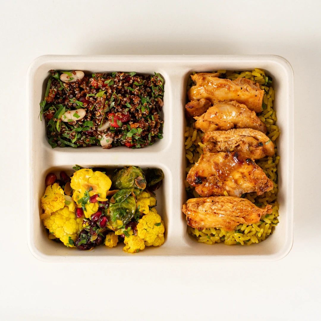 Harissa Chicken Lunchbox with lemon and herb brown rice, cauliflower and Brussels sprout salad and red quinoa salad - Route Catering
