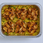 Harissa Chicken with Lemon and Herb Brown Rice platter, serves 6, in a foil tray - Route Catering