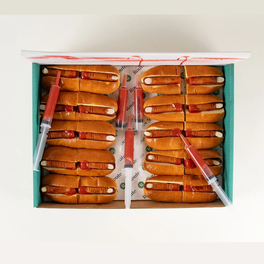 Hot Dog Fingers Halloween platter in a Route Catering delivery box from above