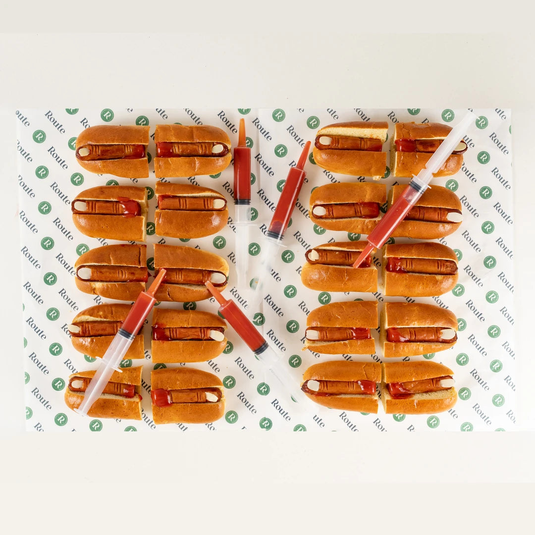 Hot Dog Fingers Halloween platter from above with almond fingernails - Route Catering