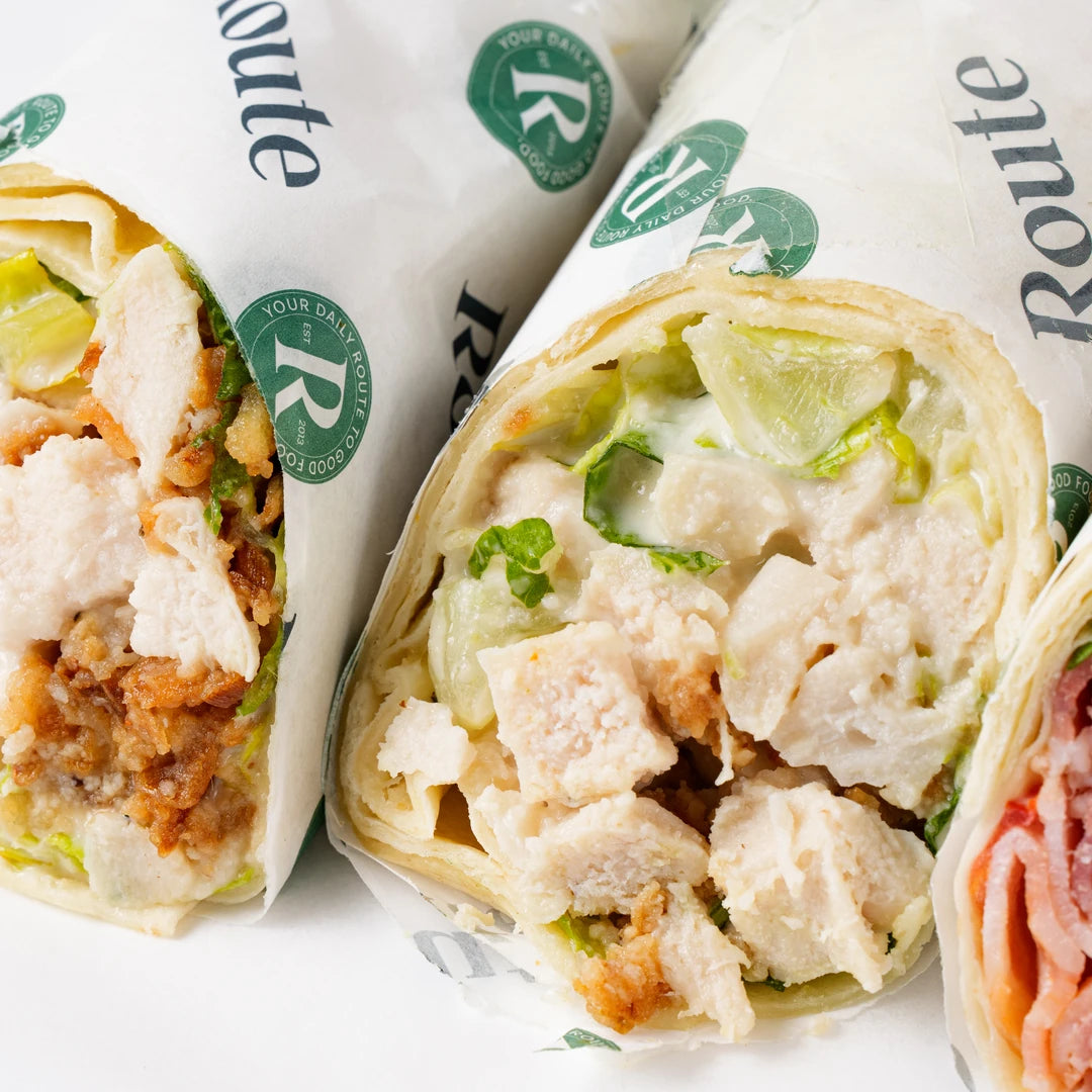 Chicken and ham sandwich wraps in Route Catering wrapping, London
