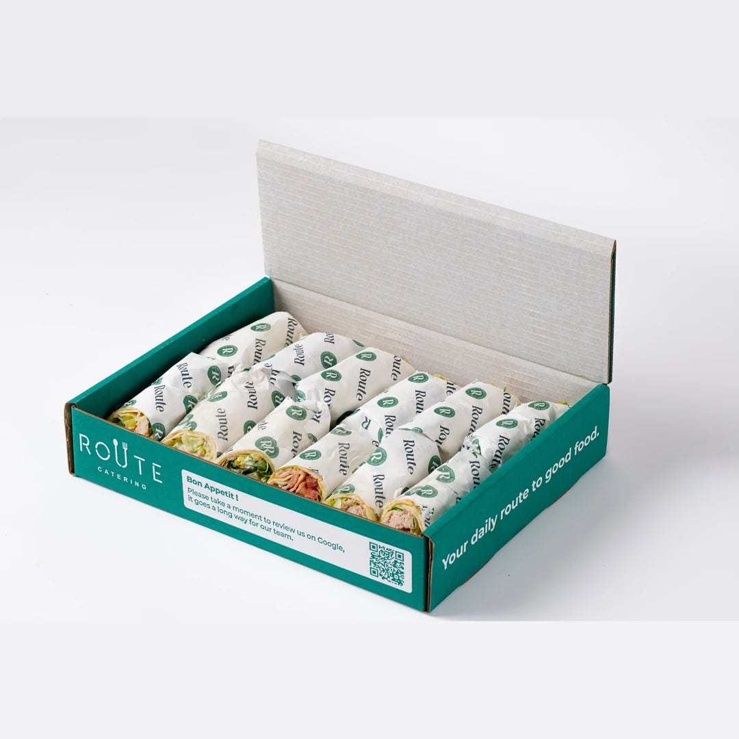 Meat sandwich wrap platter in Route Catering delivery box, serves 6, London