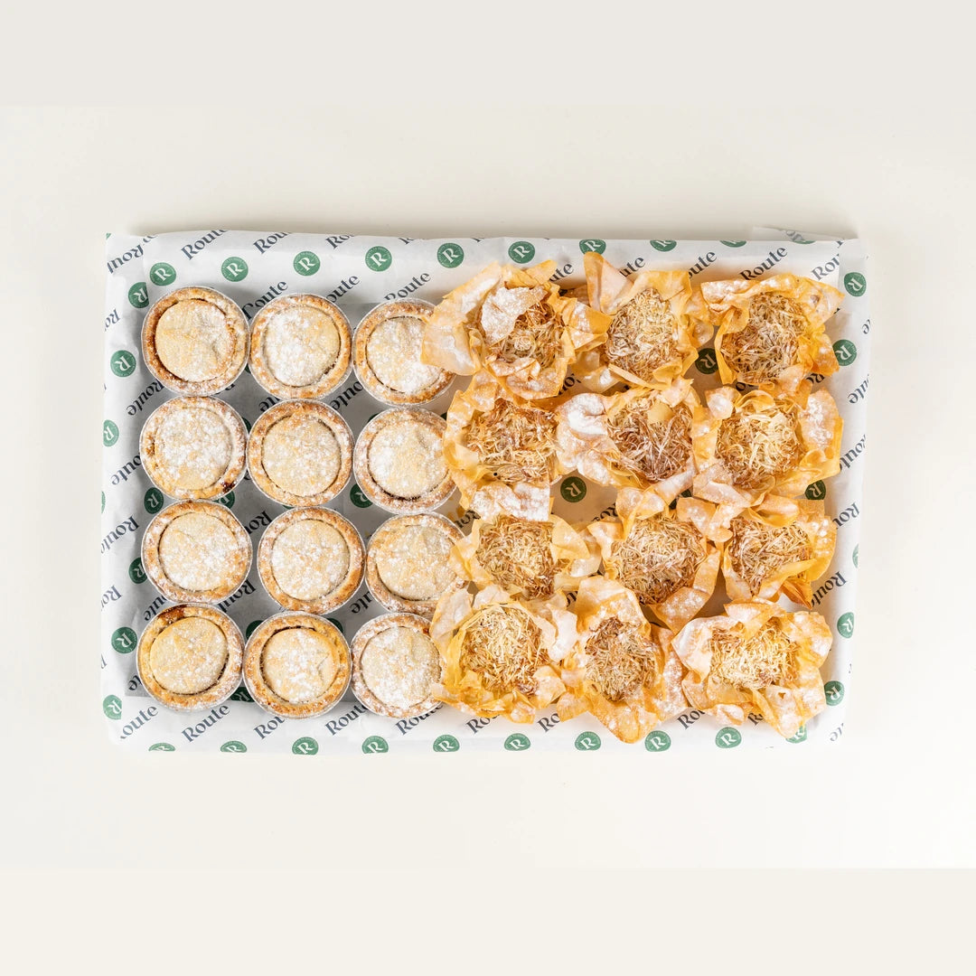Mince Pies, Two Ways platter of 25 classic and filo mince pies on Route Catering paper from above