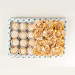 Mince Pies, Two Ways platter of 25 classic and filo mince pies on Route Catering paper from above
